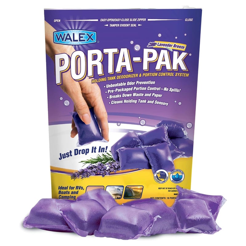 Walex Porta-Pak Black Holding Tank Deodorizer & Portion Control System Drop-Ins - Rapid Breakdown of Waste & Paper, Odor Prevention, Cleans Tank & Sensors - Lavender Breeze, 10-Pack - Image 1